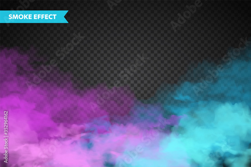 Realistic colorful smoke clouds, mist effect. Fog isolated on transparent background. Vapor in air, steam flow. Vector illustration.