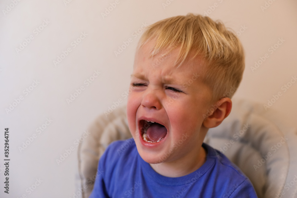 Portrait of a crying little boy with blond hair. The boy is sad. His mouth is wide open. Portrait of a crying little boy with blond hair. The boy is sad. His mouth is wide open.