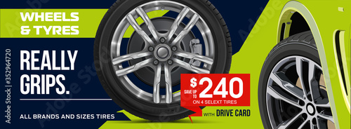 Tire car advertisement poster. 3D illustration of car tire. Wheel. Black rubber tire. Realistic vector shining disk car wheel tyre. Aluminum wheel. Banner. Promo. Information. Store. Banner. Action.