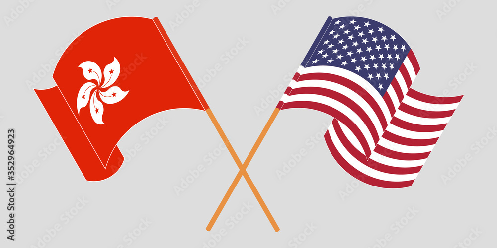 Crossed and waving flags of Hong Kong and the USA Crossed and waving flags of Hong Kong and the USA