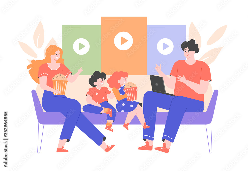 Family is sitting on the couch with popcorn. Dad selects a movie on a laptop. Parents and children. Watch a movie, series, shows. Streaming video service, online cinema. Vector flat.
