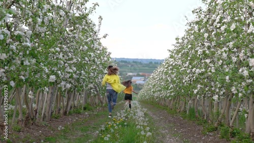 Beautiful young mom and her daughter in casual clothes in the garden with apple trees blosoming having fun and enjoying smell of flowering spring garden, they running along the trees photo