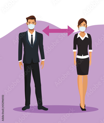 business couple working and wearing medical masks