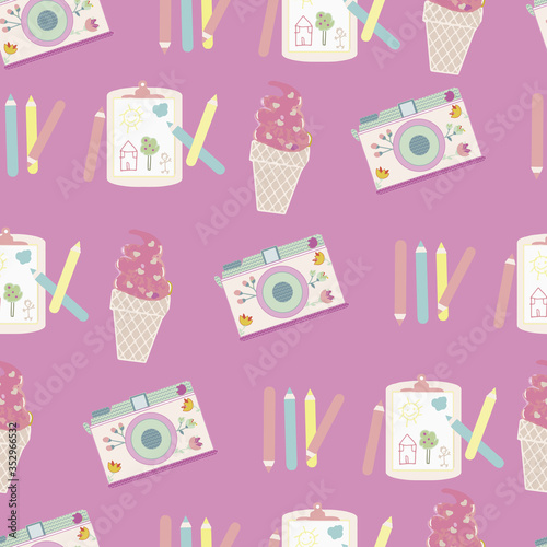 Vector seamless pattern background with cameras and ice-cream.Pink background.