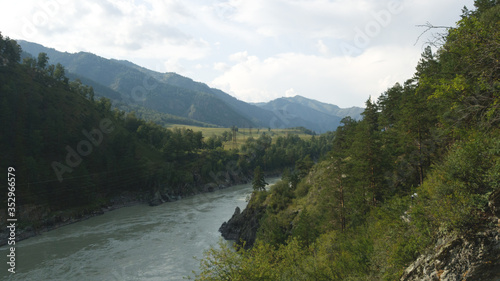 Altai landscape. River, mountains, forest. Summer trip to Siberia.