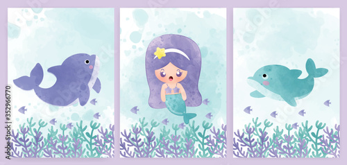 Set of baby shower cards and birthday cards with mermaid and dolphins .water color style.