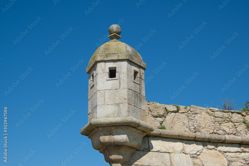 Old 18th century Portuguese star fort in Povoa de Varzim, Portugal. Known as Castelo da Povoa, or Povoa Castle. Closeup on turret. Old 18th century Portuguese star fort in Povoa de Varzim, Portugal. Known as Castelo da Povoa, or Povoa Castle. Closeup on turret.