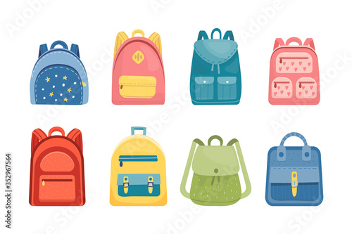 Set of school backpacks in different colors. Collection of sport trendy bags. Cartoon flat vector illustration of travel back packs.
