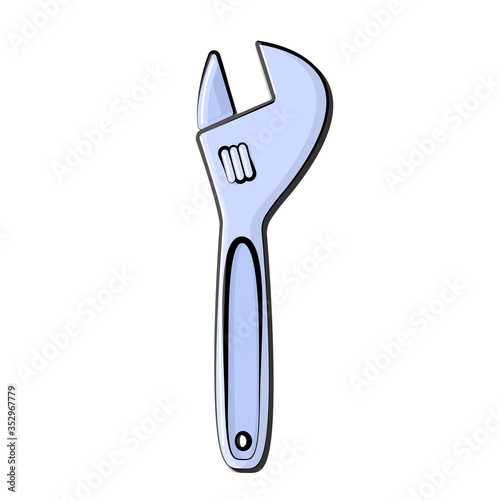 Construction blue icon metal adjustable wrench with adjustable diameter designed to loosen and tighten the bolts and nuts. Construction metalwork tool. Vector illustration
