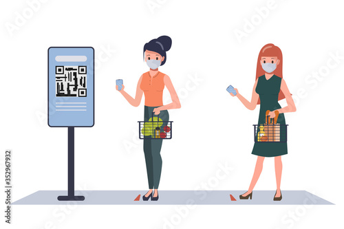 Customer people maintain social distancing in supermarket stay safe while shopping. Department store in new normal lifestyle. New normal lifestyle concept.