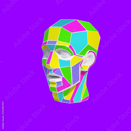 Contemporary collage. A sculpture of the head of a man who is divided into bright multi-colored sections on a purple background.