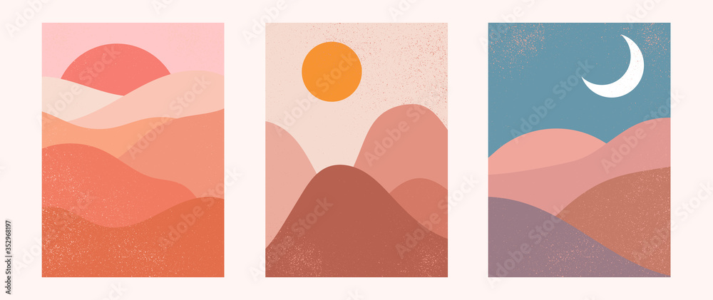 Abstract contemporary aesthetic backgrounds landscapes set with sunrise, sunset, night. Earth tones, pastel colors. Boho wall decor. Mid century modern minimalist art print. Flat design.