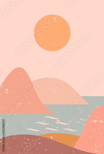 Foto Abstract contemporary aesthetic background with seascape, mountains, Sun, sea