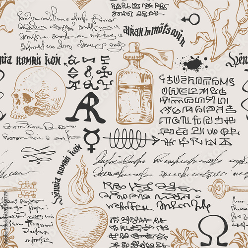 vector image of a seamless texture in the form of an alchemical formula with encrypted symbols in the style of medieval old manuscripts graphic