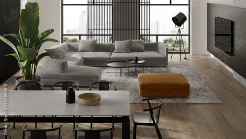 Minimalist Interior of modern living room 3D rendering