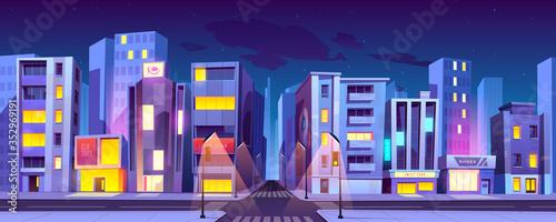 City crossroad at night time, empty transport intersection with zebra crossing, glowing street lamps. Urban architecture, infrastructure, megapolis with modern buildings, Cartoon vector illustration