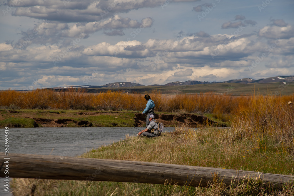 Obraz premium A father and son fly fishing on a wild trout stream.