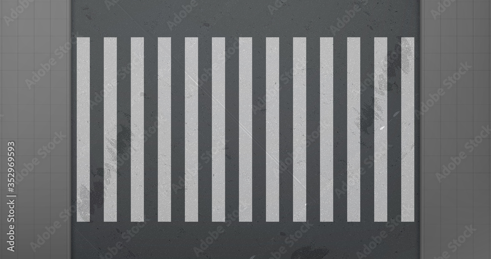 Crosswalk on car road top view. Vector realistic background with white zebra lines road marking on black asphalt and tiled sidewalk. City street with pedestrian crossing and pavement