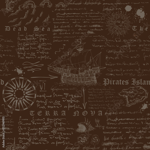 Vector image of a seamless texture in the style of a medieval nautical record of the captain's diary engraving sketch 