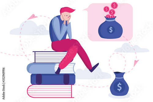 Money problem and Financial Trouble vector Illustration. Frustrated man doesn't know how to make money. Economic crisis, unpaid loan debt, business bankruptcy.