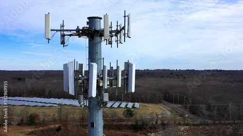 erial drone inspection of a cell phone wireless 4g 5g cell tower