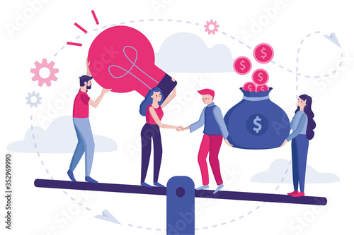 Vector color illustration. Partnership beginning, Business concept, Agreement of parties, Hand shake, Business people standing on a signed contract.