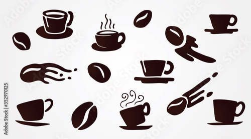 Coffee  s things in doodle style. The coffee drink cups   the coffee beans with tail. For branding  menu  poster or wall decoration for cafe or restaurant.