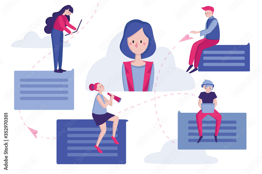 Flat illustration. Communicating or talking to each other. Dialogs or conversations between colleagues or clerks at office. Marketing consumer audience communication service for influencer advertising Flat illustration. Communicating or talking to each other. Dialogs or conversations between colleagues or clerks at office. Marketing consumer audience communication service for influencer advertising