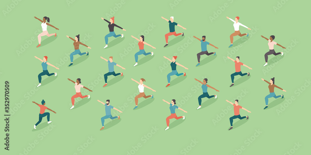 Training outdoors. Open air. People doing group exercise in the park keeping distance from each other. Social distancing after covid-19 coronavirus quarantine. Flat vector illustration  