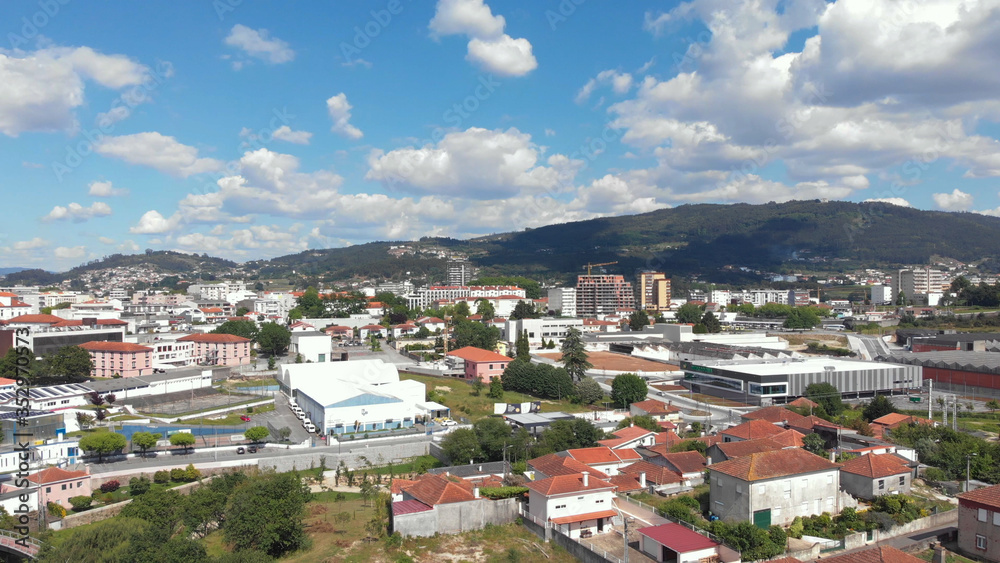 Aerial panoramic cityscape view of Santo Tirso, Portugal.