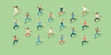 Training outdoors. Open air. People doing group exercise in the park keeping distance from each other. Social distancing after covid-19 coronavirus quarantine. Flat vector illustration  