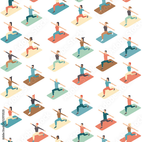 Social distancing in a gym. People doing group exercise keeping distance from each other. Training in a sport club after covid-19 coronavirus quarantine. Flat vector seamless pattern