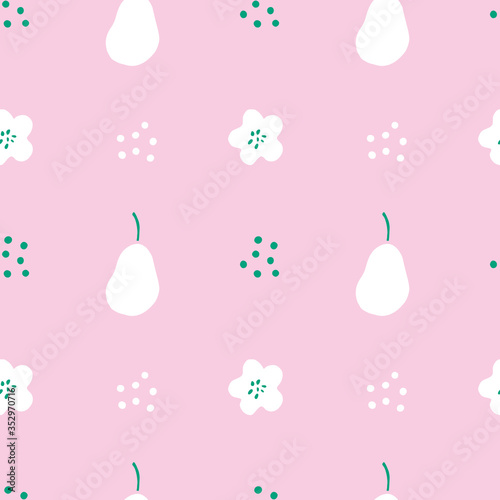 Cute seamless pattern with flower and pear shapes. Naive background. Surface design for textile, wrapping paper, fabric