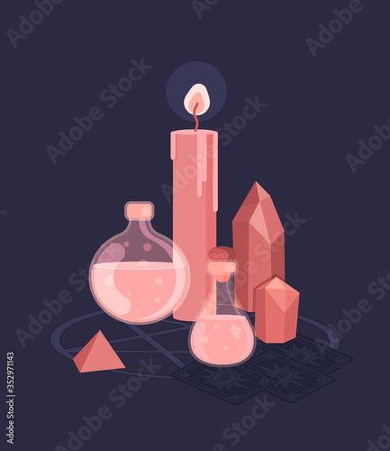 Set for witches magic ritual. Witchcraft around candles, crystals, and bottles of potion and poison. Flat vector illustration.
