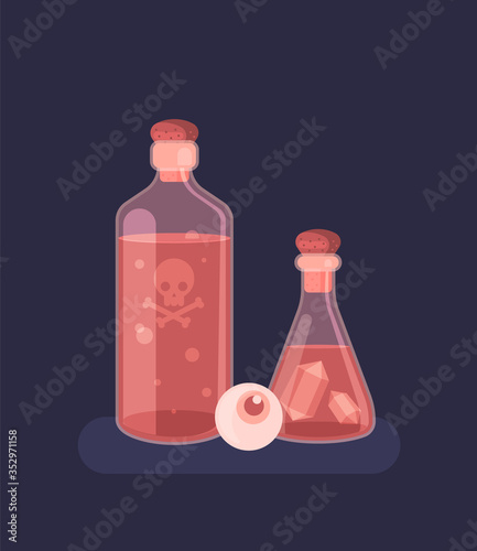 Set for witches magic ritual. Witchcraft around candles, crystals, and bottles of potion and poison. Flat vector illustration.