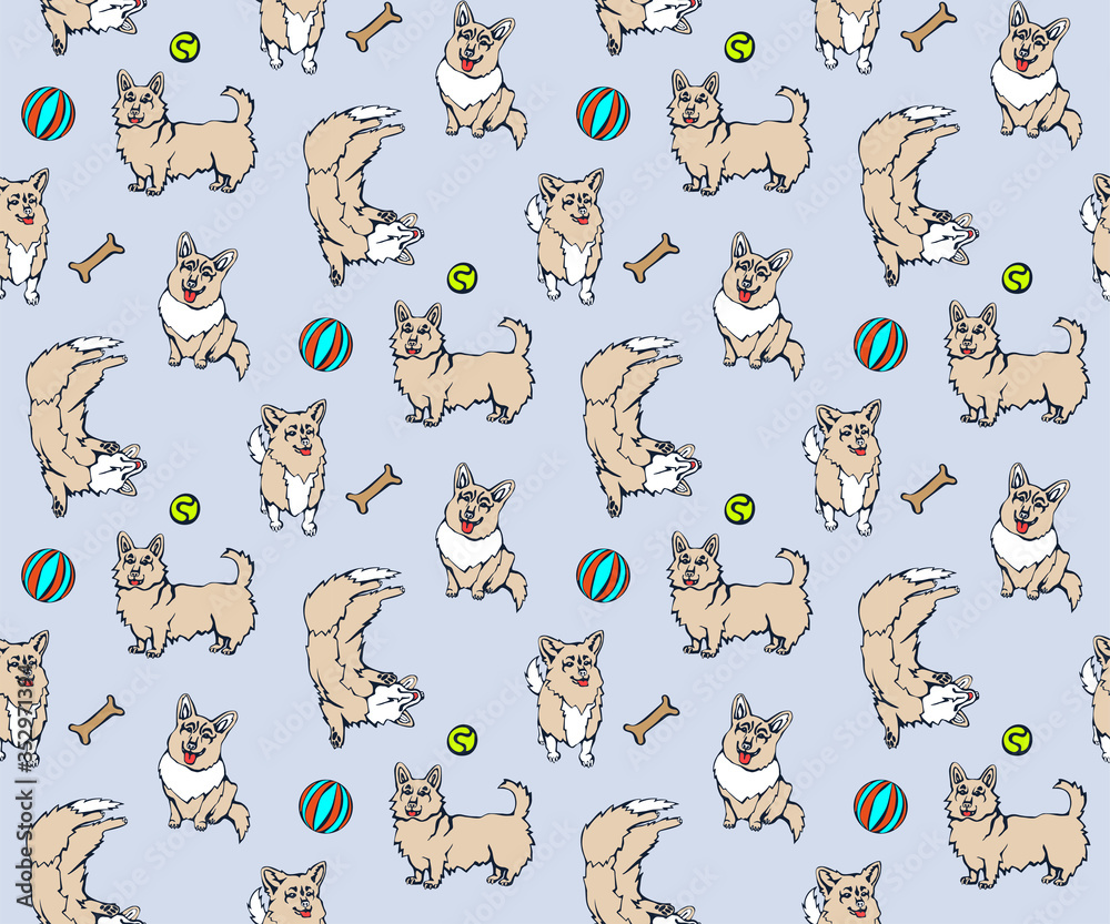 Fototapeta premium Vector background hand drawn corgi dog. Hand drawn ink illustration. Modern ornamental decorative background. Vector pattern. Print for textile, cloth, wallpaper, scrapbooking
