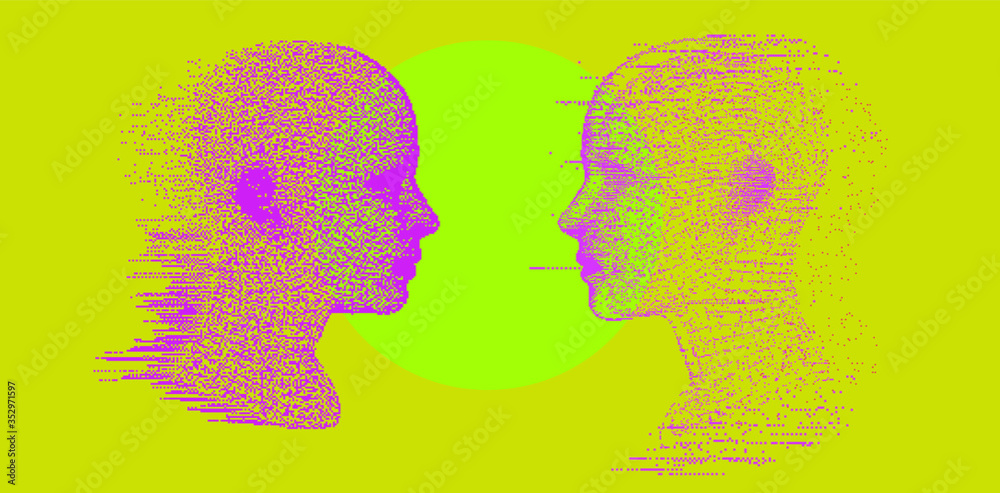 Alter ego concept, alternative self. Person and its doppelganger or twin. Vaporwave style vivid collage made in pixel art 8-bit technique.