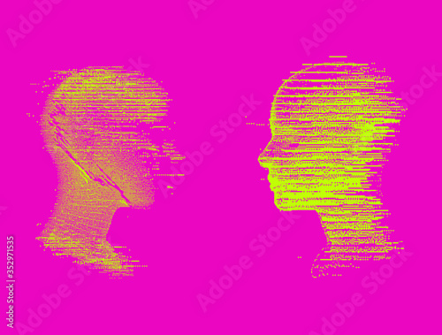 Alter ego concept, alternative self. Person and its doppelganger or twin. Vaporwave style vivid collage made in pixel art 8-bit technique.