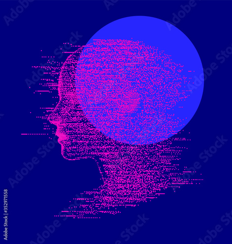 Artificial intelligence and Psychological profiling concept. Human head with glitched pixels, distorted profile of a woman made of square particles.