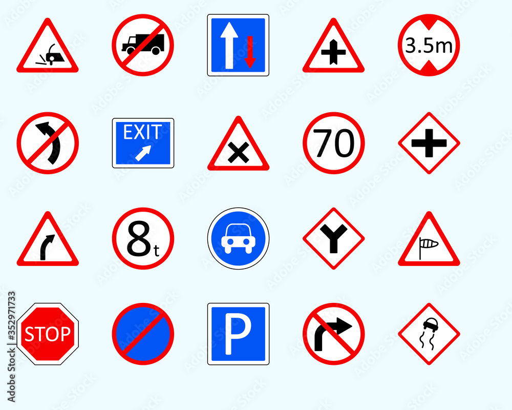 Traffic signs, slippery roadSet of road sign. collection of warning, priority Traffic signs, slippery roadSet of road sign. collection of warning, priority