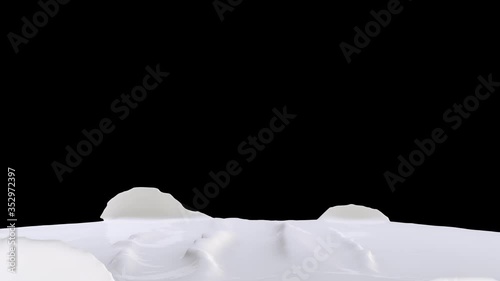 Animation of word milk text made of milk that falls from the top of the screen, squashes a bit when touching the ground, after a while it melts down to the ground, with alpha channel