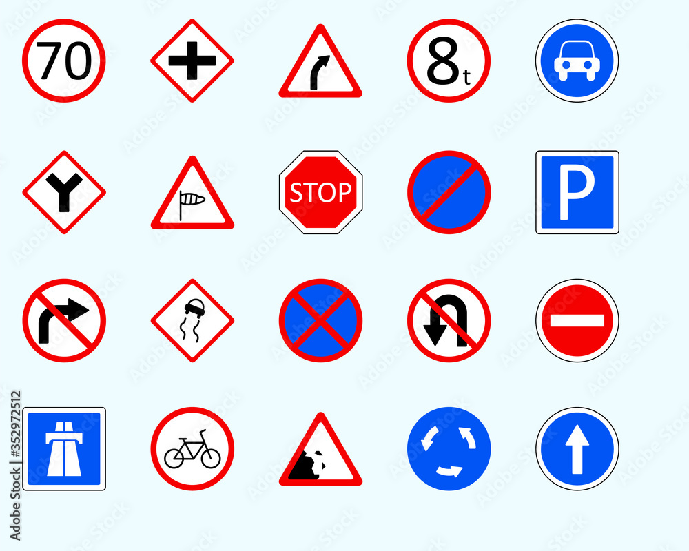 Traffic signs, straightSet of road sign. collection of warning, priority Traffic signs, straightSet of road sign. collection of warning, priority