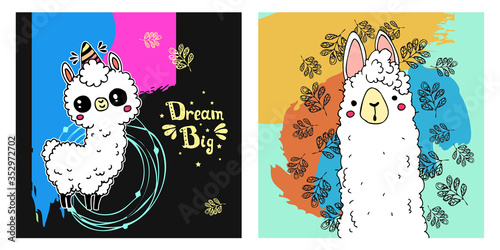 Hand drawn lama illustration. Childish print for t-shirt, baby shower, card. Vector