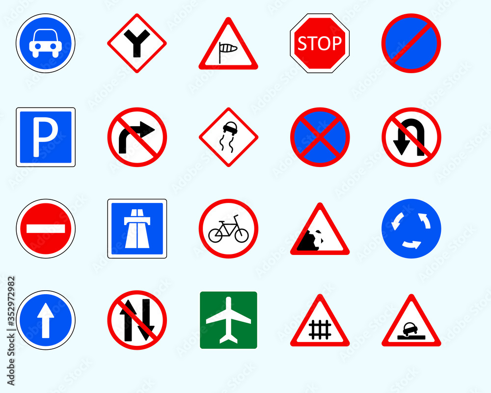 Traffic signs, potholeSet of road sign. collection of warning, priority Traffic signs, potholeSet of road sign. collection of warning, priority