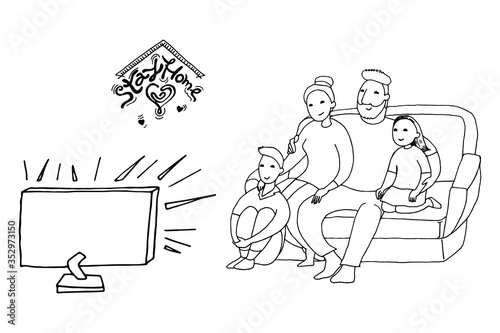 family, watching TV together on the couch, in the evening, father, mother, son and daughter, vector illustration, black and white, doodle, sketch