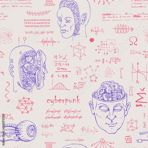 vector image of a seamless texture background in the style of sketches from the diary of a scientist inventor with formulas and notes