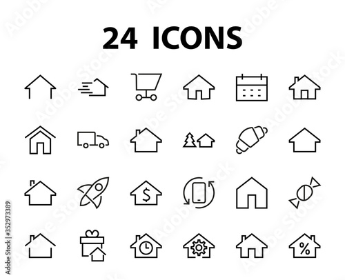 Simple set of line vector home icons. Contains house symbols at interest, infuse house and more. Editable stroke. 480x480 pixels perfect