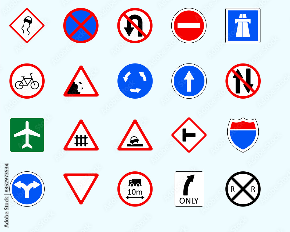 Traffic signs, railroad crossingSet of road sign. collection of warning, priorit Traffic signs, railroad crossingSet of road sign. collection of warning, priorit
