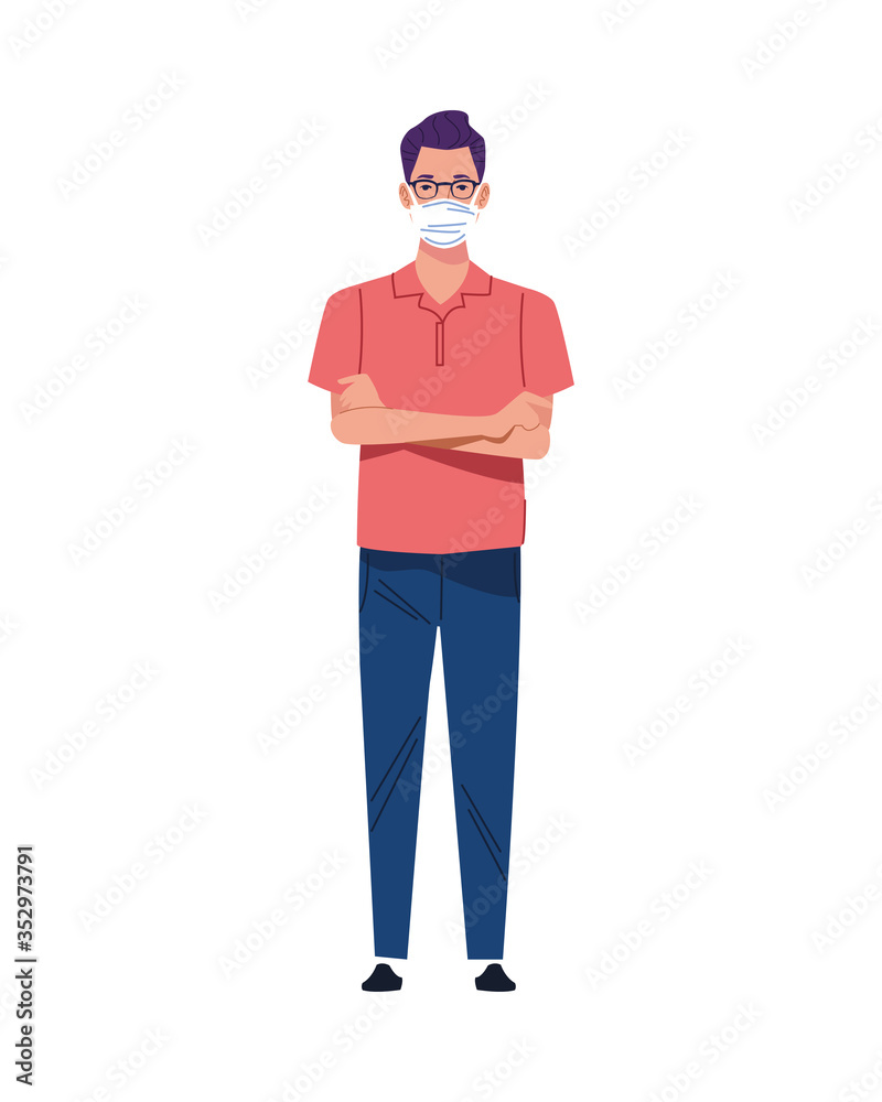 young man using medical mask character young man using medical mask character