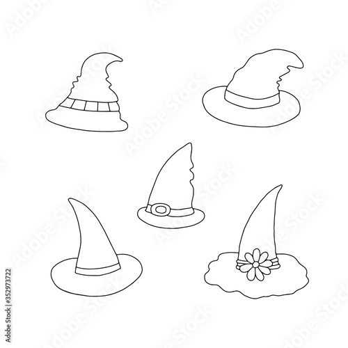 A cute fancy hat of a witch set vector outline illustration isolated object on the white background, clipart useful for halloween party decoration, hand drawn image, cartoon spooky character